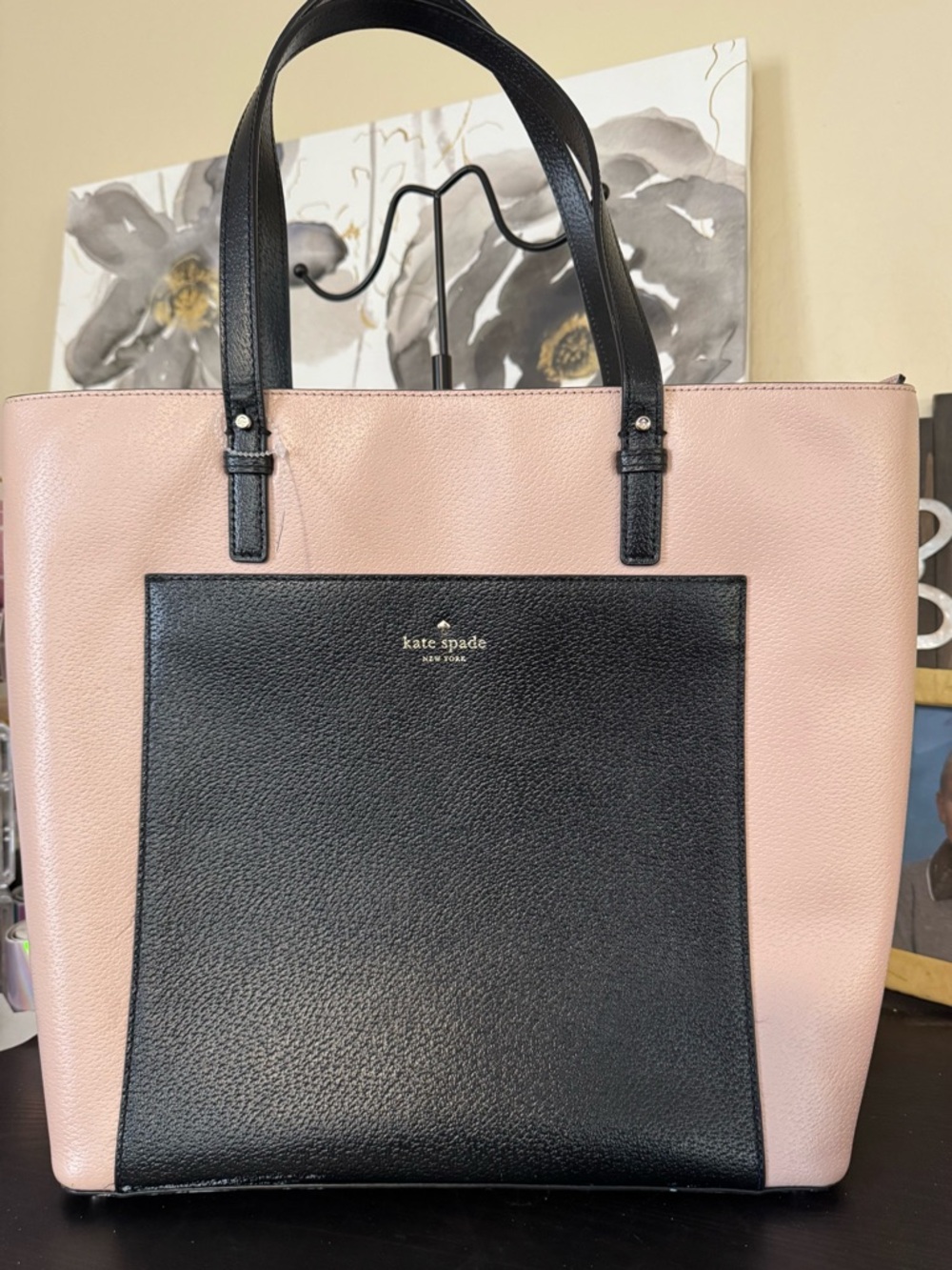 kate spade Pink and Black Pebbled Leather Tote NWOT B34